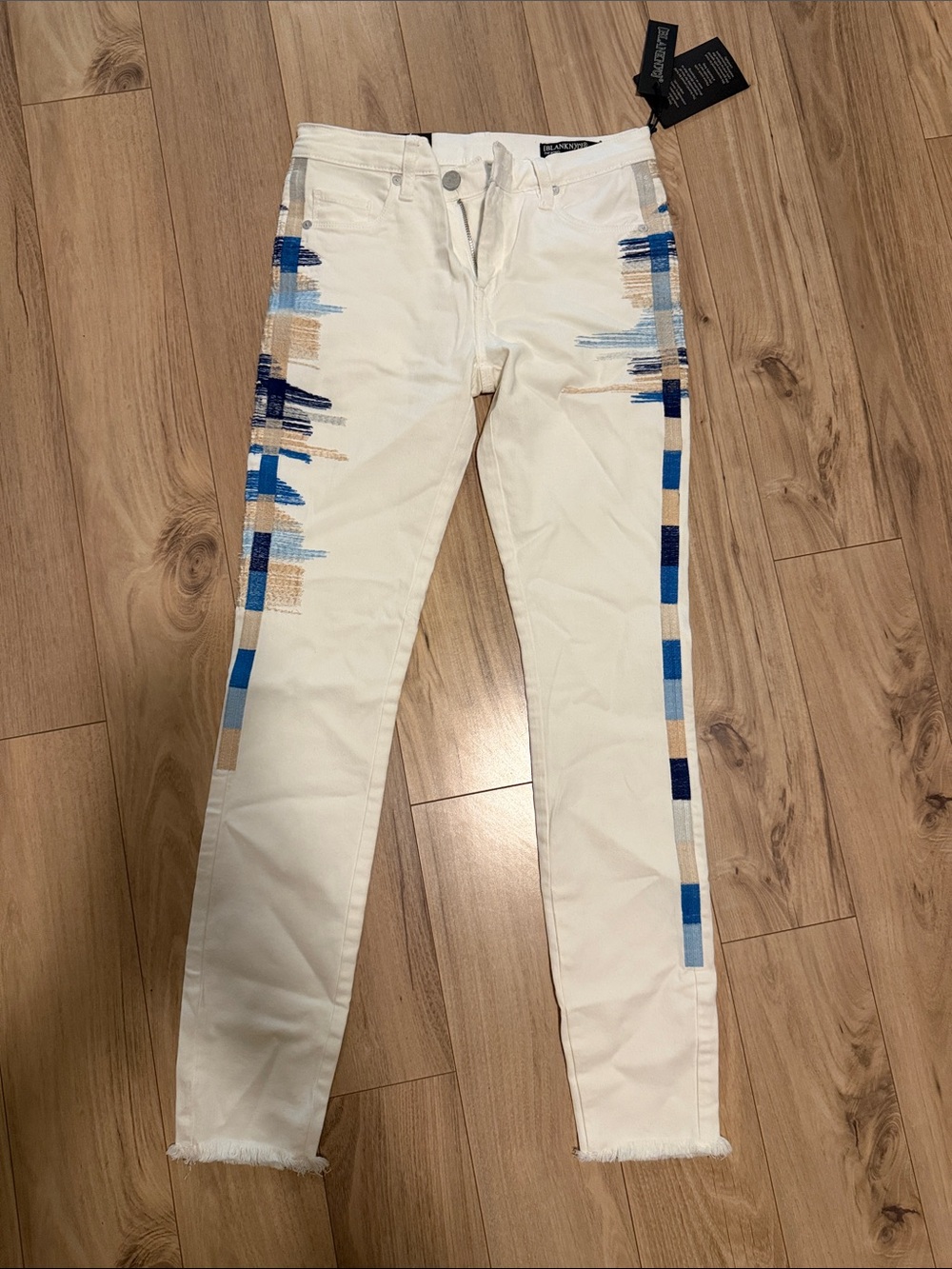 Blank NYC White Skinny Jeans with Blue & Tan Side Embroidered Stripes